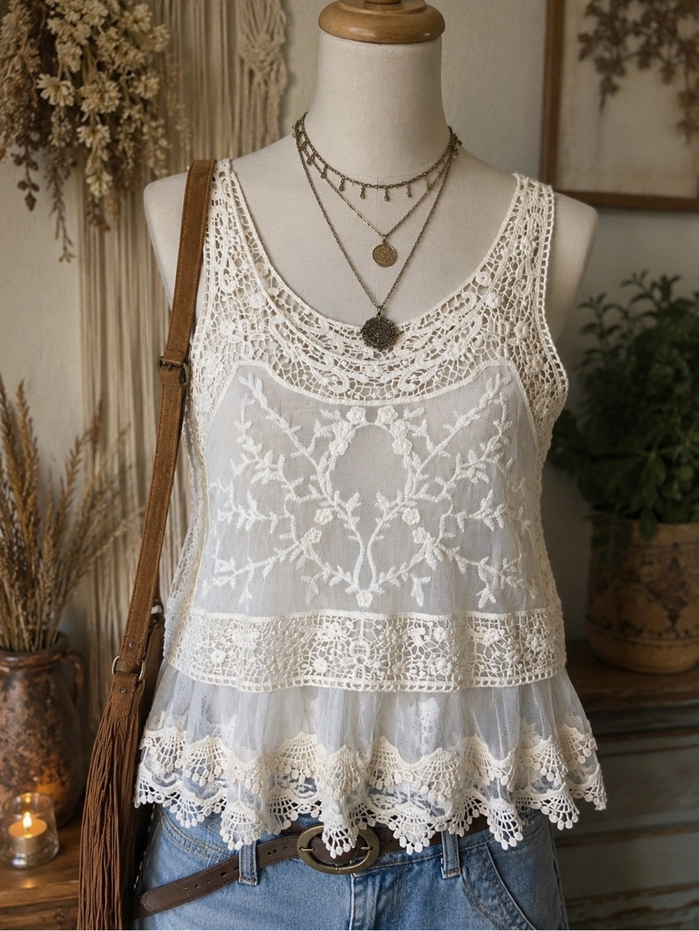 Express Ivory Crochet & Mesh Lace Tank Top | Boho Festival | Medium